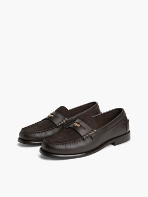 Tommy Hilfiger Men's Leather and Embossed Suede Penny Loafer - Chocolate - US 11 / EU 44