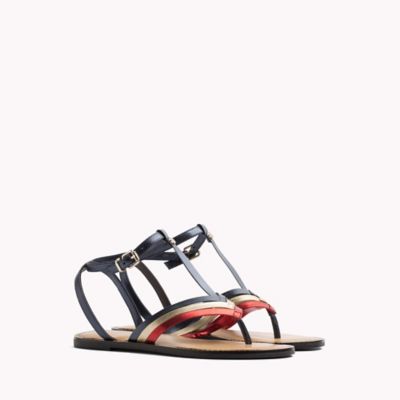 metallic t strap sandals