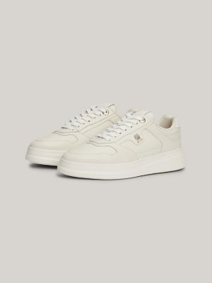 Luxe Pointed Leather Court Sneaker, Ancient White