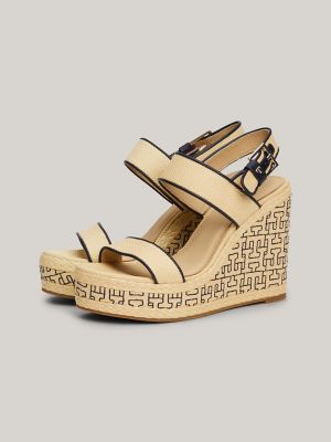 TH Logo Raffia Wedge Platform Sandal, Beige