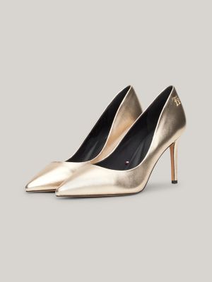Metallic Pointed Leather Stiletto Heel, Gold