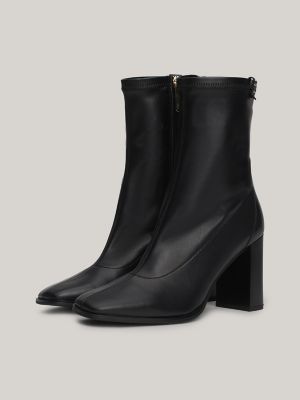 Leather Square Toe Block Heel Boot, Black
