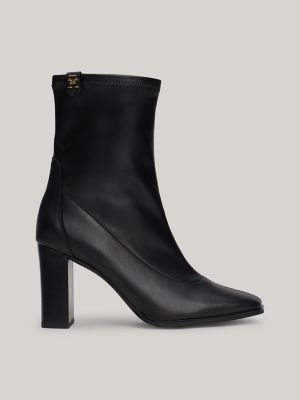 Leather Square Toe Block Heel Boot, Black