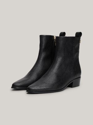 Snake Embossed Leather Ankle Cowboy Boot, Black Python