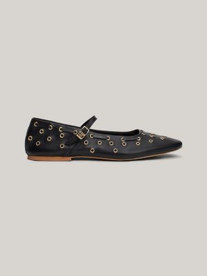 Eyelet Leather Mary Jane Ballet Flat, Black
