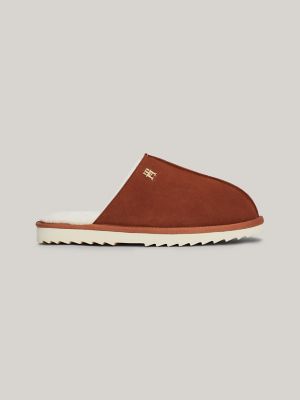 Logo Serrated Sole Suede Slipper, Cognac Brown