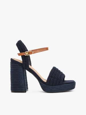 Jute-Trim Block-Heel Platform Sandal, Space Blue