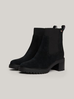 Suede Block Heel Chelsea Boot, Black