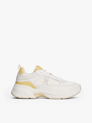 Mixed-Texture Chunky Leather Sneaker, Ancient White