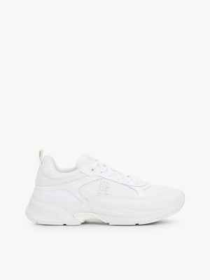 Mixed-Texture Chunky Leather Sneaker, White