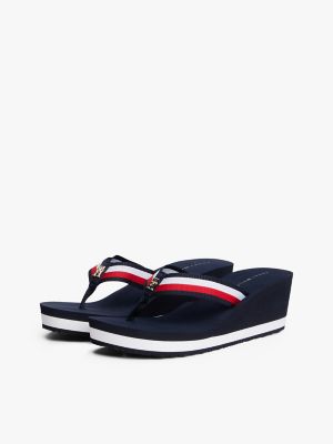 Stripe Webbing-Strap Wedge Sandal, Space Blue