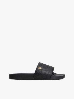 Embossed Allover Monogram Pool Slide, Black