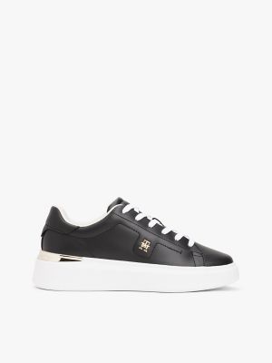 Leather Platform Court Sneaker, Black
