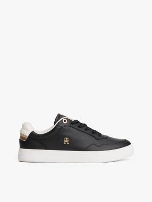 Metallic Leather Court Sneaker, Black