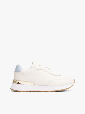 Leather Contrast Heel Sneaker, Ivory Silk / Breezy Blue