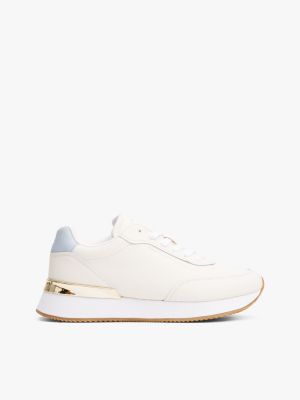 Leather Contrast Heel Sneaker, Ivory Silk / Breezy Blue