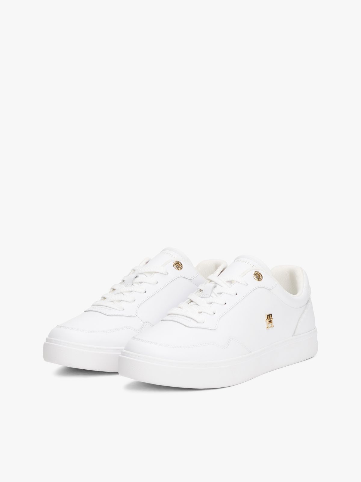 Metallic Accent Leather Court Sneaker — White / Gold