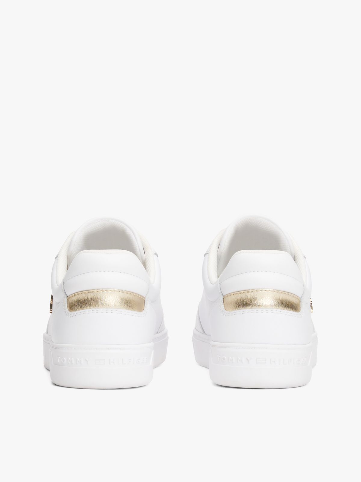 Metallic Accent Leather Court Sneaker — White / Gold