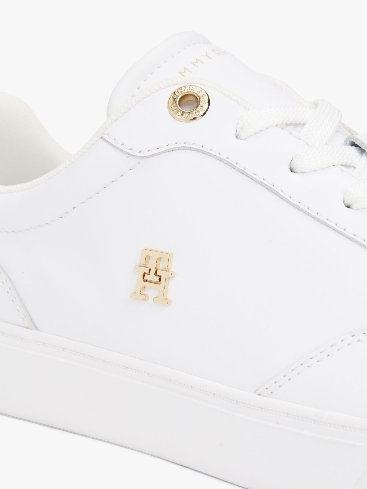 Metallic Accent Leather Court Sneaker — White / Gold