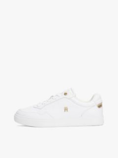 Metallic Accent Leather Court Sneaker — White / Gold 7