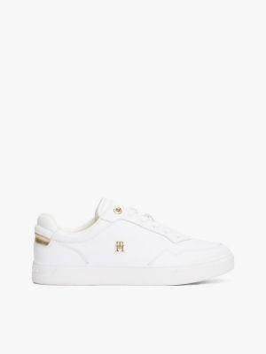 Metallic Accent Leather Court Sneaker, White / Gold