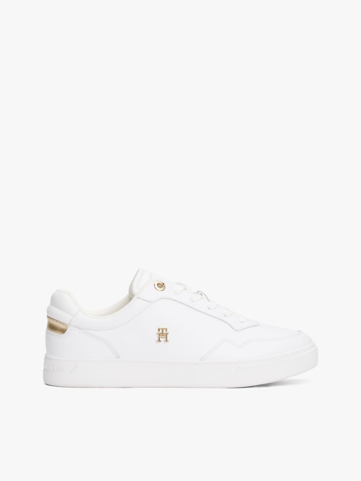 Metallic Accent Leather Court Sneaker — White / Gold