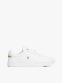 Metallic Accent Leather Court Sneaker — White / Gold 1