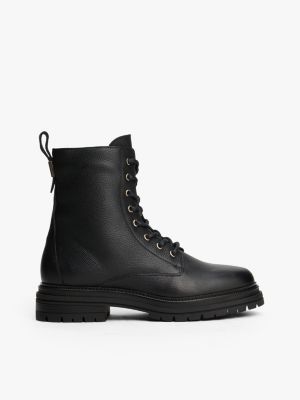 Pebbled Leather Lace-Up Boot, Black