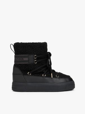 Teddy Fleece Lace-Up Snow Boot, Black