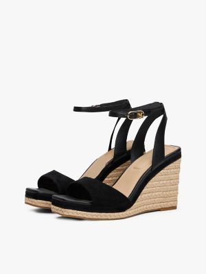 Leather & Suede Wedge Espadrille Sandal, Black