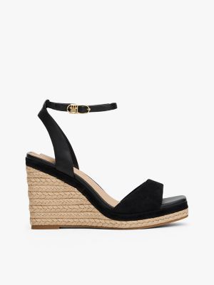 Leather & Suede Wedge Espadrille Sandal, Black