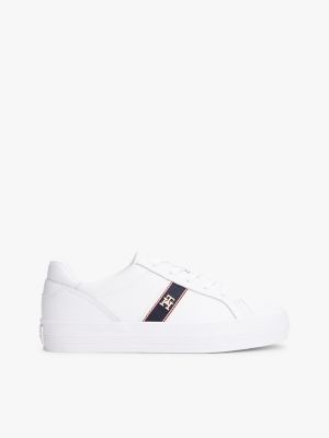 Webbed Logo Vulcanized Leather Sneaker, White