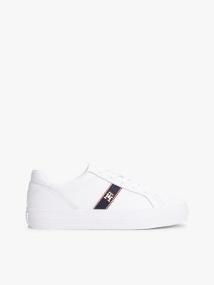 Webbed Logo Vulcanized Leather Sneaker, White
