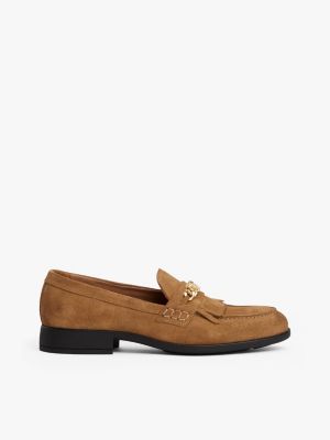 Fringe-Trim Chain-Link Suede Loafer, Safari Canvas