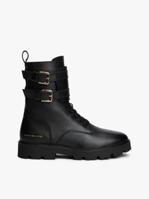 Smooth Leather Buckle Strap Biker Boot, Black