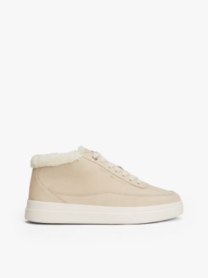 Fleece-Lined Leather Mid-Top Sneaker, Classic Beige