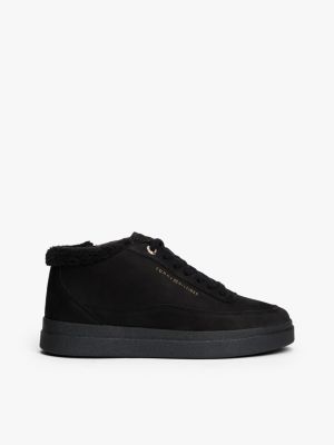 Fleece-Lined Leather Mid-Top Sneaker, Black