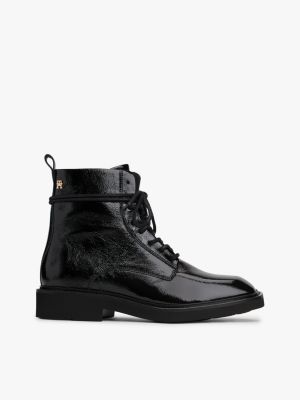 Patent Crinkle Leather Lace-Up Boot, Black