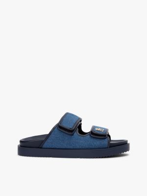Double-Strap Denim Slide Sandal, Denim