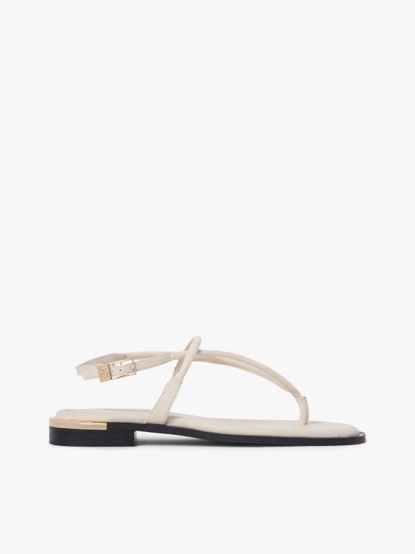 Metallic Accent Leather Sandal — Classic Beige