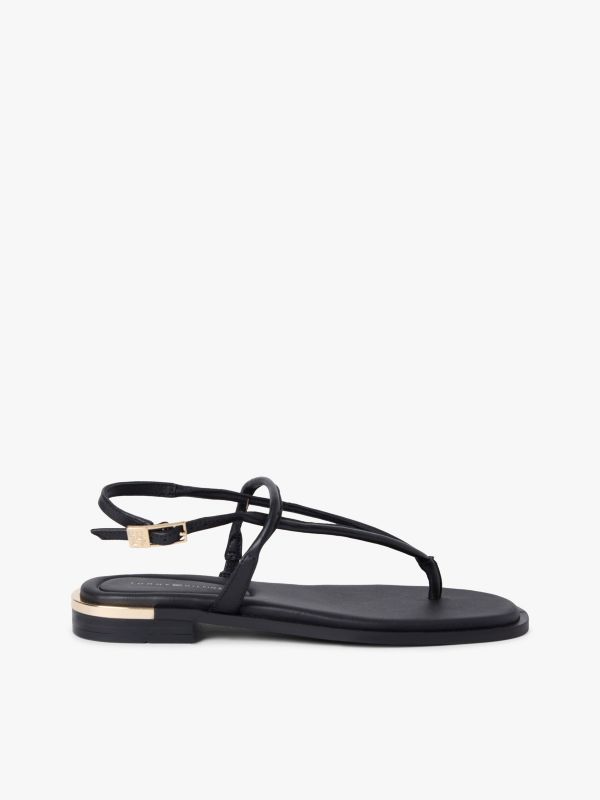 Metallic Accent Leather Sandal — Black
