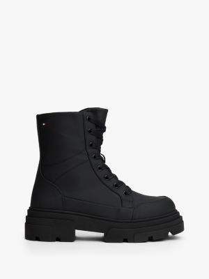 Water-Repellent Lace-Up Biker Boot, Black