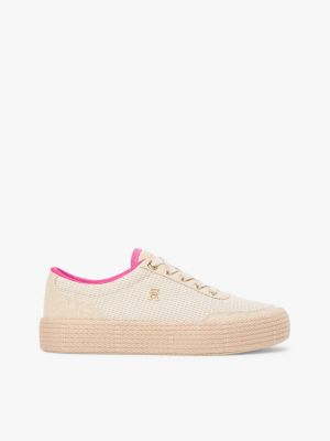 Mixed-Texture Canvas Platform Sneaker, Classic Beige/Fuchsia
