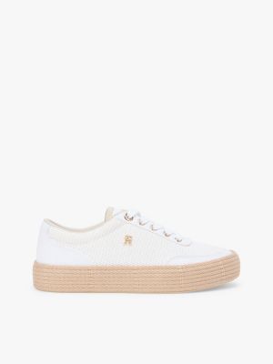 Mixed-Texture Canvas Platform Sneaker, White/Classic Khaki
