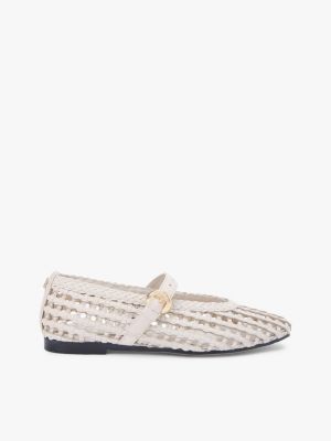 Woven Leather Mix Mary Jane Flat, Soft Cream