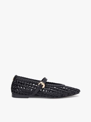 Woven Leather Mix Mary Jane Flat, Black