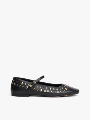Studded Leather Mary Jane Flat, Black