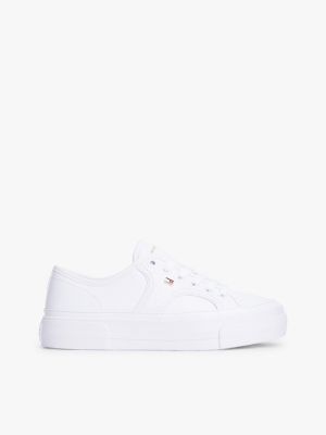 Pebbled Leather Platform Sneaker, White