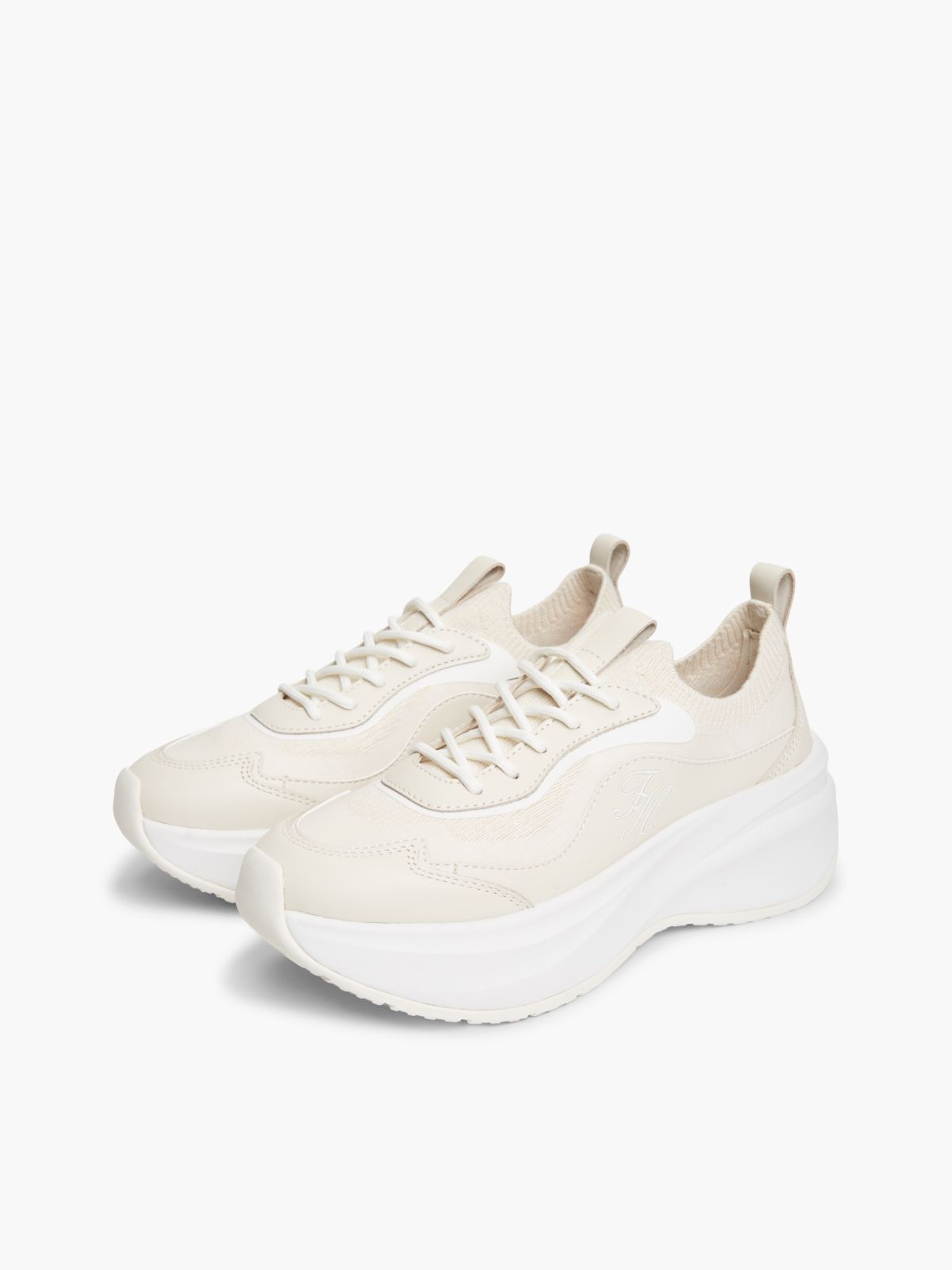 Mixed-Media Platform Runner Sneaker — Soft Cream