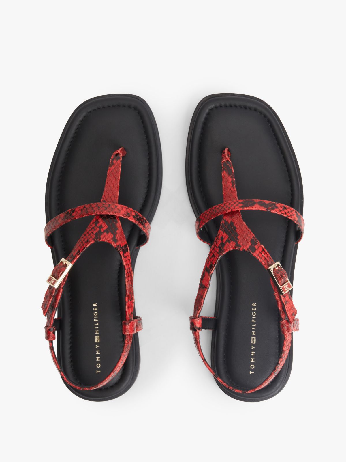 Snake-Embossed Buckled Leather Sandal — Red Snake